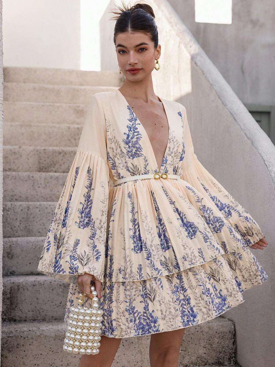 Aveloria Rosie 法式优雅蓝色随机印花 V 领分层荷叶边下摆短裙，女友礼物场合穿长袖 - 彩色 - 查看 1