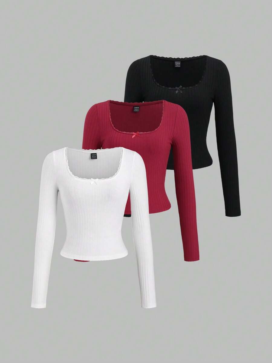 SHEIN Unity 2pcs/Set Women's Ribbed Twist Hem Bowknot Decor T-Shirt ...
