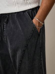 SWAVVY Men's Standard Size Fashionable Casual Distressed Washed Textured Splicing Loose Wide Leg Straight Fit Pants, Dark Gray