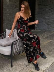 DAZY 女士盛开的花卉玫瑰印花吊带裙，夏季假日度假长裙巡航女士服装太阳裙 - 黑色 - 查看 5