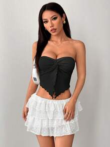 SHEIN PETITE Vacation Ladies Apricot Knitted Textured Tube Top With Twisted Asymmetric Hem Vest - Black - View 3