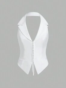 SHEIN EZwear Women's Fashionable Sexy Solid Color Backless Halter Neck Top - White - View 3