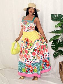 Slaydiva Casual Plus Size Women Design Sense Loose Fruit Print Camisole Loose Waist Ruffled Hem Print Dress