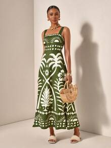 Zivah 女式夏季度假阳光和椰子树印花绿色热带波西米亚风连衣裙 - 綠色 - 查看 4