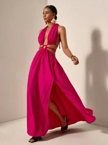 Zivah 新款春夏休闲度假挂脖露肩露背腰环装饰腰部辫子装饰两侧高开衩至大腿玫红色条纹纹理梭织面料女式长裙-B