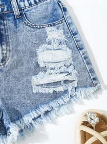 Shorts vaqueros anchos de verano para niñas preadolescentes, con ajuste holgado, diseño desgastado y bajo deshilachado - Azul lavado medio - Ver 3