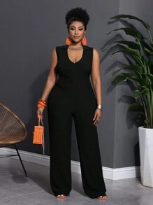 Slaydiva Spring/Summer Casual Slim Fit Solid Black Sleeveless Shirt Collar V-Neck Zip Front Straight Leg Pants - Knit Textured Fabric Women Plus Size Jumpsuit - Black - View 4