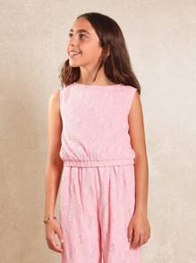 SUMWON Summer Broderie Anglaise Smocked Waist Jumpsuit Girls Teen Party Holiday Beach Lightweight Elegant Wide Leg Sleeveless Special Occasion - Pink - View 3