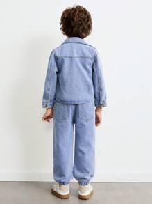 SHEIN Setelan Jaket Denim Saku Bergambar Potret Anak Laki-Laki dan Celana Jeans Pinggang Elastis, Kasual untuk Musim Semi dan Musim Dingin - Biru - View 2