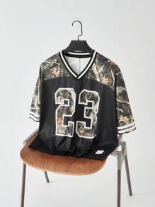 Forever 21 Men Stripe Panel Letter Graphic Print Short Sleeve Jersey T-Shirt, Casual Daily Wear, Street Wear, Boyfriend Gift