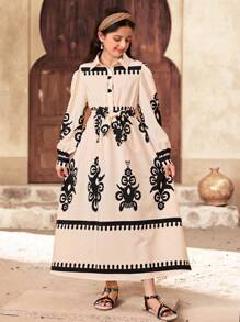 SHEIN Leap Crew Tween Girls Casual Collared Retro Print Shirt Dress - White - View 1