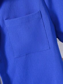 SHEIN 2入組簡約短袖襯衫和短褲裝套裝，適用於青少年男孩 - 藍色 - 查看 7