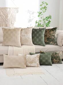 Jacquard Velvet Geometric Pattern Throw Pillow Case, Decorative For Living Room & Bedroom - Beige - View 1