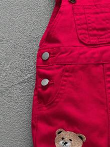 男婴黑熊字母刺绣做旧洗水牛仔长裤 - 紅色 - 查看 5