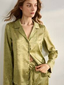 Ocili Leisure Premium Jacquard Collar Long Sleeve & Pants Ladies Sleepwear Set, Comfortable