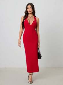 SHEIN Tall Ui Cut-Out Neck Line Long Bodycon Dress For Women - Red - View 3