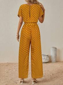 SHEIN Clasi 女士圆点印花圆领蝙蝠袖短袖阔腿连体裤 - 黃色 - 查看 2