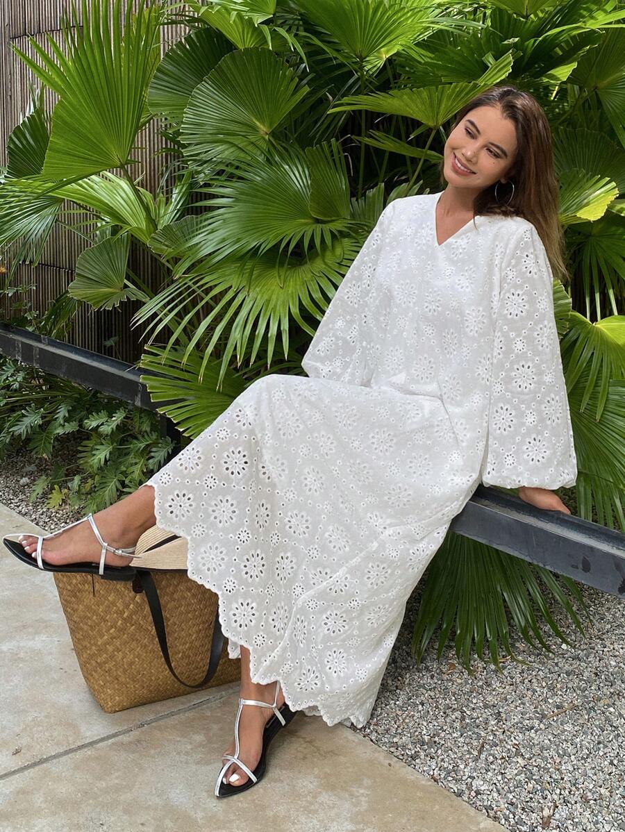 Livesso Einfarbiges Jacquard-Kleid im lässigen Boho-Stil mit V-Ausschnitt und Langarm für Frauen, Herbst, Lehreroutfits