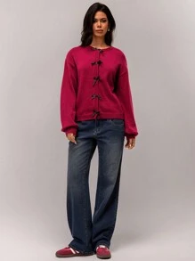 Forever 21 Nuevo cárdigan de cuello redondo para otoño e invierno, suéter de punto de manga larga casual y versátil de corta duración - Burdeos - Ver 4