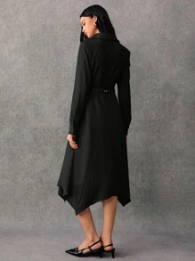 Poéselle Women Solid Color Roll Tab Sleeve Shirt Dress - Black - View 5