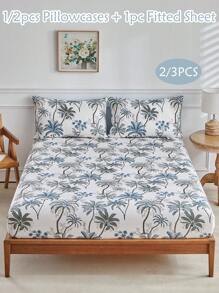 Bộ 2/3 ga trải giường và vỏ gối in hình cây dừa bằng polyester, Bộ ga trải giường phong cách nhiệt đới thời trang cá nhân hóa, Phù hợp cho mọi mùa (1 ga trải giường + 1/2 vỏ gối) - Nhiều màu - Xem 1