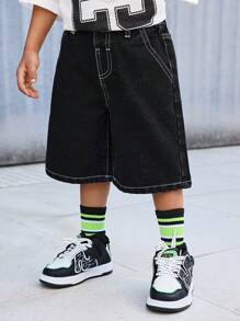 SHEIN 男童夏季街头酷炫白色涂鸦印花宽松黑色百慕大牛仔短裤，春夏街头服饰，春假 - 黑色 - 查看 5