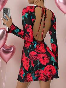 Firerie 女士优雅浪漫时尚通勤性感优雅风格连衣裙，适合派对、圣诞派对、度假、返校、浪漫约会和婚礼生日，紧身红色花卉印花露背连衣裙 - 彩色 - 查看 3