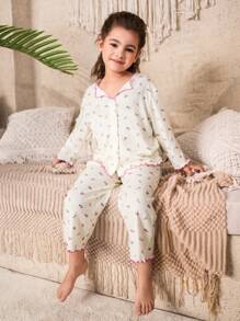SHEIN Leap Crew 2pcs Young Girl Ditsy Floral V-Neck Button Front Ruffle Trim Long Sleeve Pajama Set - White - View 4