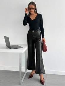 EURMUSE 女士时尚纯色系带 PU 阔腿裤 - 黑色 - 查看 5