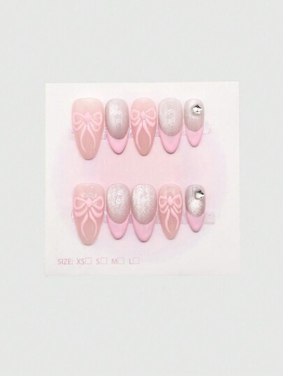 Kawaii 10pcs Sweet Bowknot Handmade High-Quality False Nails + 3 Sheets Double-Sided Adhesive, Detachable Ombre Pink Hand Painted Nail Stickers, Fashion Cat Eye French Style Minimalist Design With Rhinestones, Suitable For Festivals, Parties, Dancing And Daily Wear