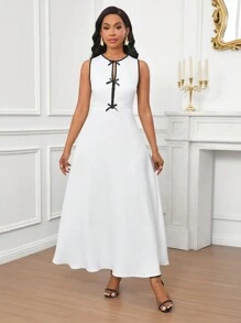 SHEIN Lady Bow Decoration, White Sleeveless Long Skirt With Black Contrasting Edges Office Dress Elegant Party Wear, Four Seasons - White - View 6