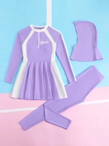 SHEIN Teen Girls' Vacation Letter Print Contrast Color Long Sleeve Casual Tankini Swimwear