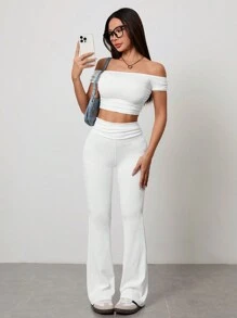 SHEIN PETITE Ensemble in zwei Teilen mit Polokragen Oberteil + Hose mit geraffter Taille und weitem Bein, Rippstrick - Weiss - Übersicht 4