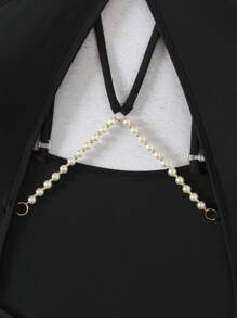 SHEIN Swim Luksusowy seksowny Hollow Solid Color Halter Pearls Decor jednoczęściowy kostium kąpielowy, letni strój na plażę dla kobiet