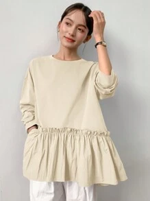 FRIFUL Women Casual Ruffle Hem Patchwork Loose T-Shirt - Beige - View 4