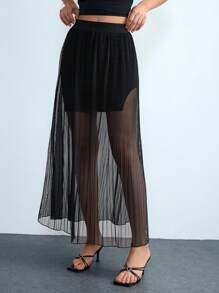 Lumivelle Mesh Patchwork Solid-Color Bodycon Maxi A-Line Pleated See-Through Open Slit Elegant Formal Party Date Night Sexy Commuter Pure Chiffon Women Long Skirt Y23K