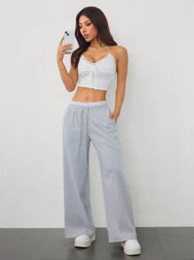 SHEIN PETITE Pantalones largos informales con cintura con cordón, parche de encaje y contraste de color