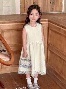 DAZY Young Girl Elegant Solid Color Jacquard Lace Trim Dress,Girls Summer Outfits
