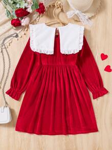 Girls' Fashion Elegant Red Peter Pan Collar Velvet Long Sleeve Princess Dress - Multicolor - View 2