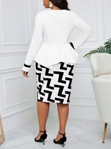 Fleurora Plus Size Women's Keyhole Neckline Ruffled Hem Top And Geographical Printed Midi Dress Formal 2pcs Set (Belt Not Included) Black And White Teacher Clothes Fall Outfits Four Seasons - Black and White - View 2