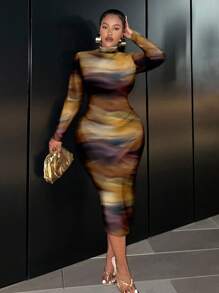 Slaydiva Pinselstrich bedrucktes lässiges minimalistisches Design Bodycon-Kleid in großen Größen mit Langarm