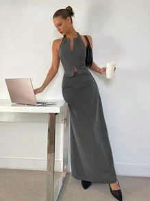 SHEIN Essnce Conjunto de dos piezas de mujer con top sin mangas con cremallera de color gris sólido para uso diario u oficina y falda larga con abertura, traje elegante/conjunto de falda para mujer/conjunto de ropa de trabajo para mujer