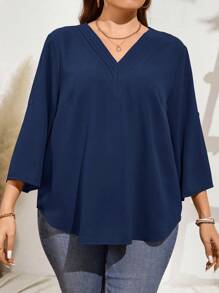 SHEIN LUNE Camisa de color liso informal de talla grande, simple y elegante para uso diario - Azul Marino - Ver 5