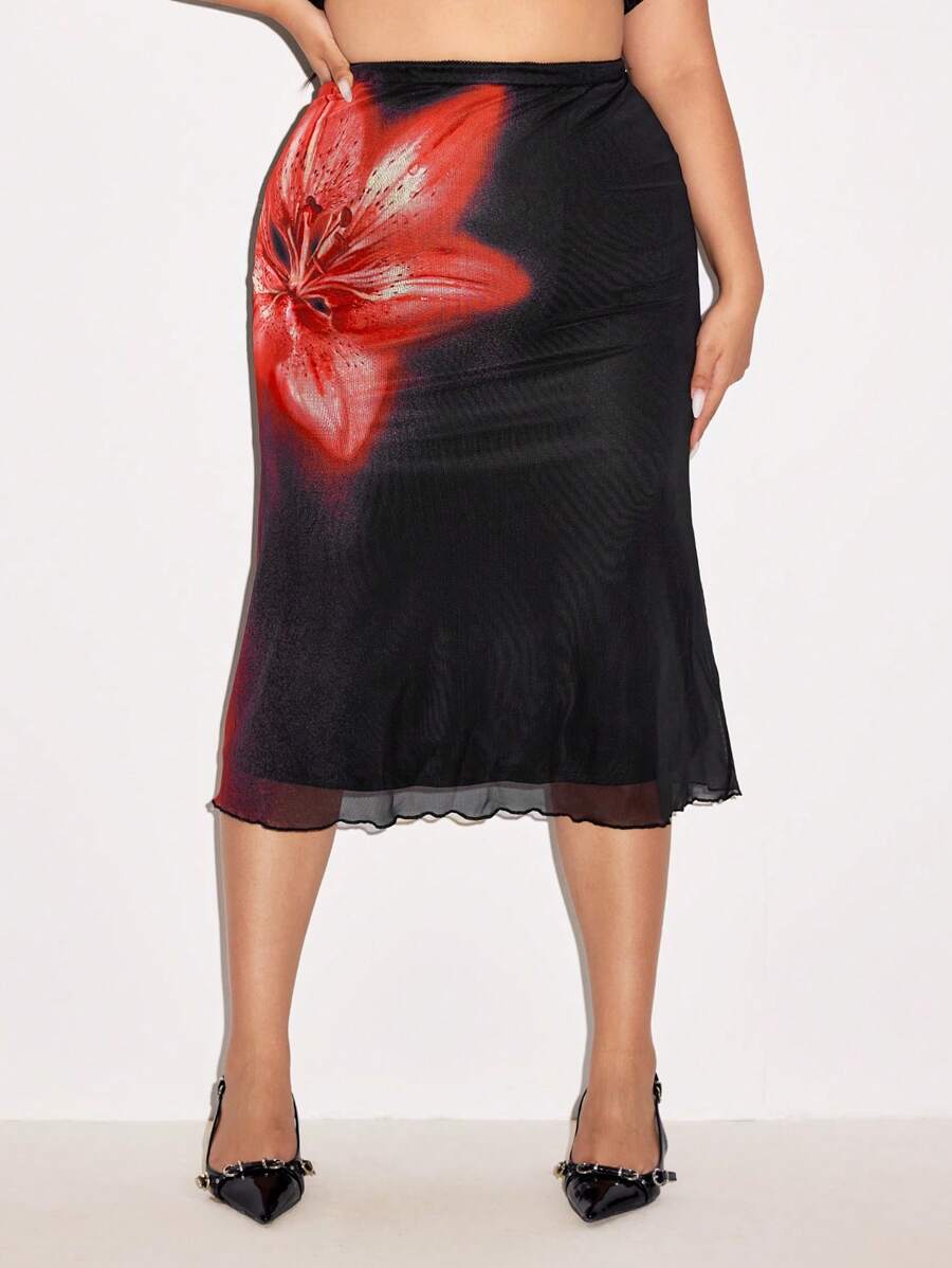 SHEIN ICON 大码花卉印花网眼美人鱼裙，红色 - 黑色 - 查看 1