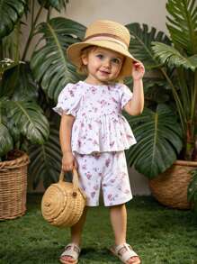 2 Stück/Set Baby Mädchen 0-3 Jahre Kleinkind Lässig vielseitig bequem Ditsy Blumen & gerippter gestrickter Volantärmel Top und Shorts Set