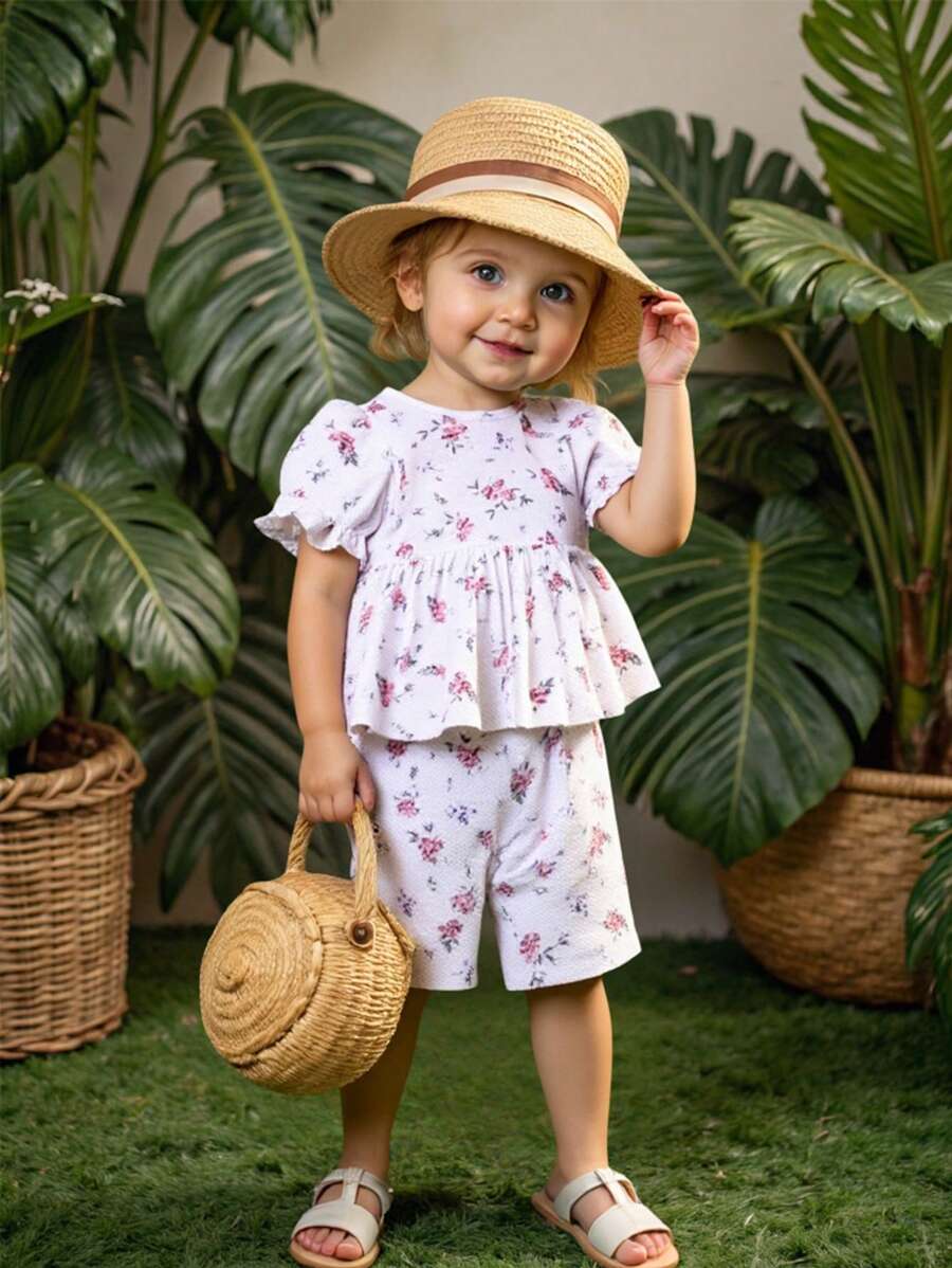 2 Stück/Set Baby Mädchen 0-3 Jahre Kleinkind Lässig vielseitig bequem Ditsy Blumen & gerippter gestrickter Volantärmel Top und Shorts Set