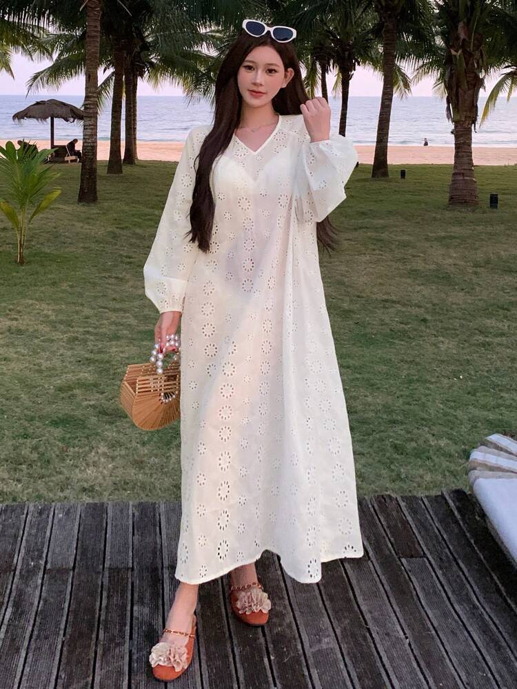 Vestido midi recto holgado con encaje calado y jacquard transparente para vacaciones en la playa, vestidos casuales para mujer, vestido de manga larga para otoño