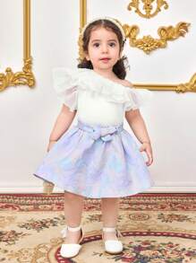 SHEIN Elegant Floral Pattern Ruffle Hem Skirt & Top Set, For Baby Girls Summer - Mauve Purple - View 4