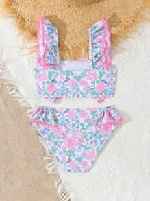 Young Girl Minimalist Fashion Casual Daily Camisole & Brief Swimwear Set - Blue - View 2