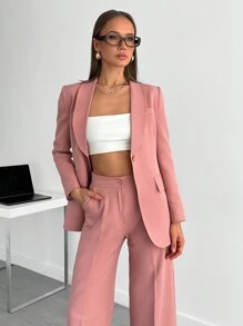 EURMUSE Elegant Office Lady, Single Button Fitted Blazer Jacket With Straight Fit Pant